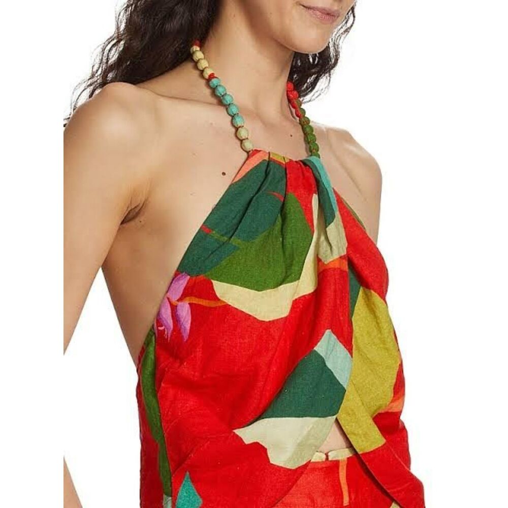 Farm Rio Heliconia Halter Crop Top Large Linen Blend